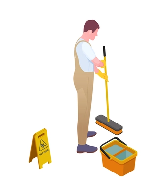 Cleaning isometric composition with isolated human character of cleanup worker in uniform vector illustration