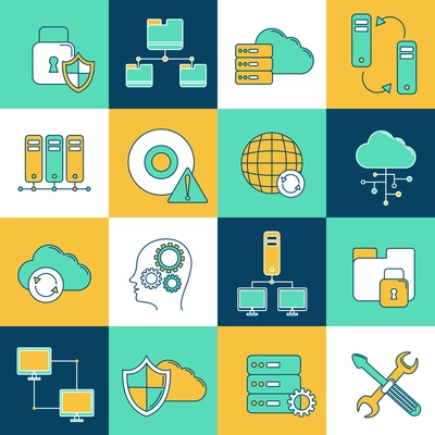 Database information network and server digital analytics icons set isolated vector illustration