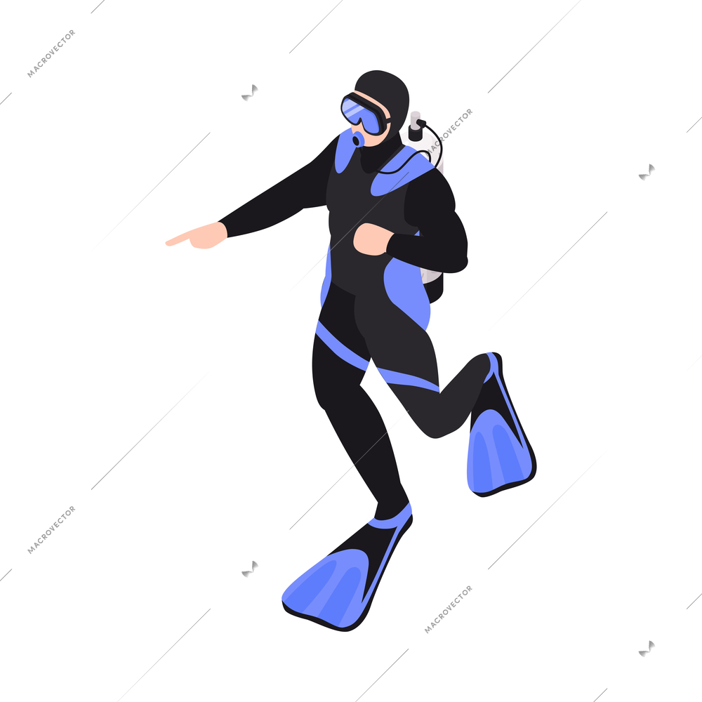 Isometric underwater scuba diver composition with isolated human character of diver in suit vector illustration