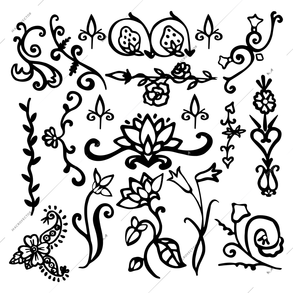 Vintage floral calligraphic black decorative elements sketch set with flowers isolated vector illustration