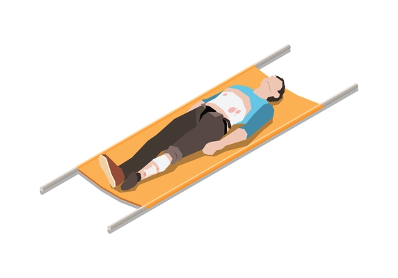 Injured people first aid isometric composition with isolated human character of injured person vector illustration