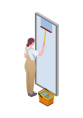 Cleaning isometric composition with isolated human character of cleanup worker in uniform vector illustration