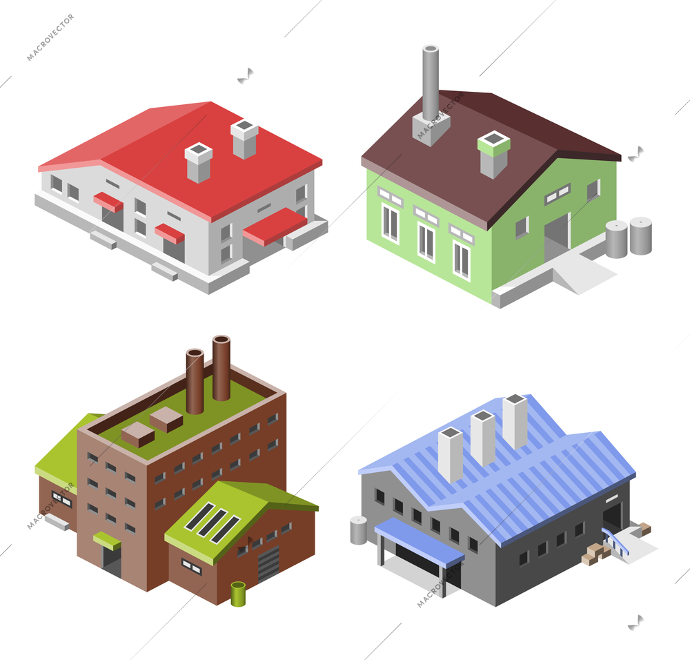 Factory industry manufactory production technology buildings isometric decorative icons set isolated vector illustration.