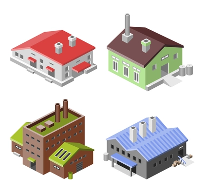 Factory industry manufactory production technology buildings isometric decorative icons set isolated vector illustration.