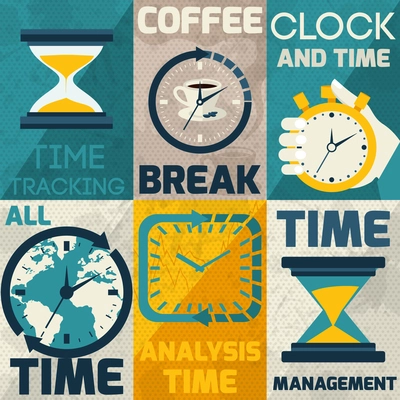 Time management mini posters with tracking coffee break clock analysis set isolated vector illustration