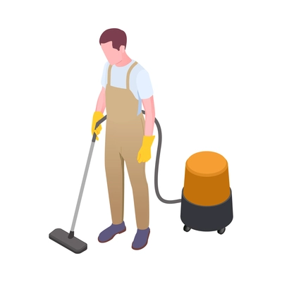 Cleaning isometric composition with isolated human character of cleanup worker in uniform vector illustration