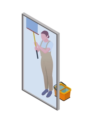 Cleaning isometric composition with isolated human character of cleanup worker in uniform vector illustration