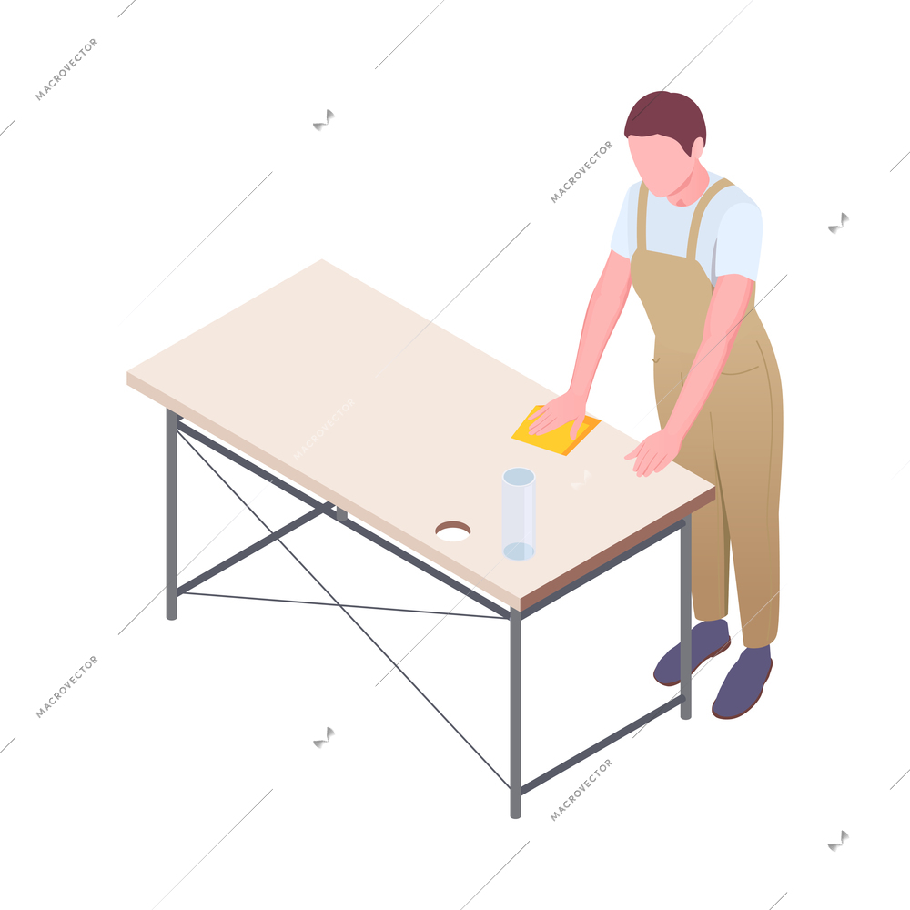 Cleaning isometric composition with isolated human character of cleanup worker in uniform vector illustration