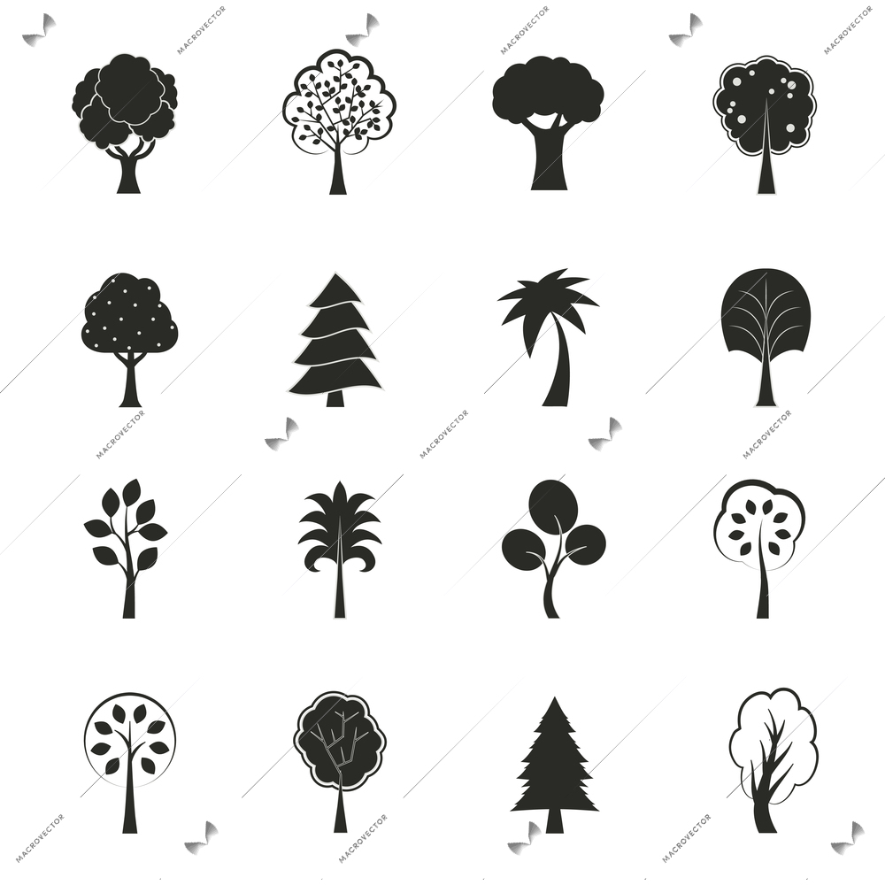 Abstract ecology growth icons set pine fir oak and other trees isolated vector illustration