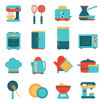 Kitchen appliances icons set with toaster mixer dish frying pan isolated vector illustration