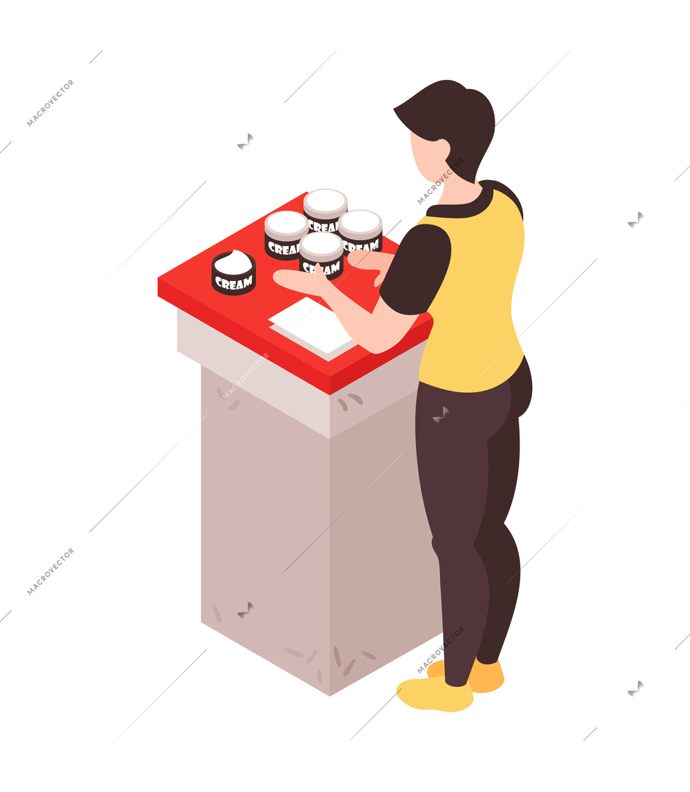 Isometric advertiser promoter character promo stand costume composition with isolated human character vector illustration