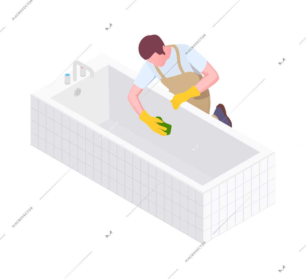 Cleaning isometric composition with isolated human character of cleanup worker in uniform vector illustration