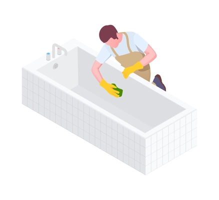 Cleaning isometric composition with isolated human character of cleanup worker in uniform vector illustration