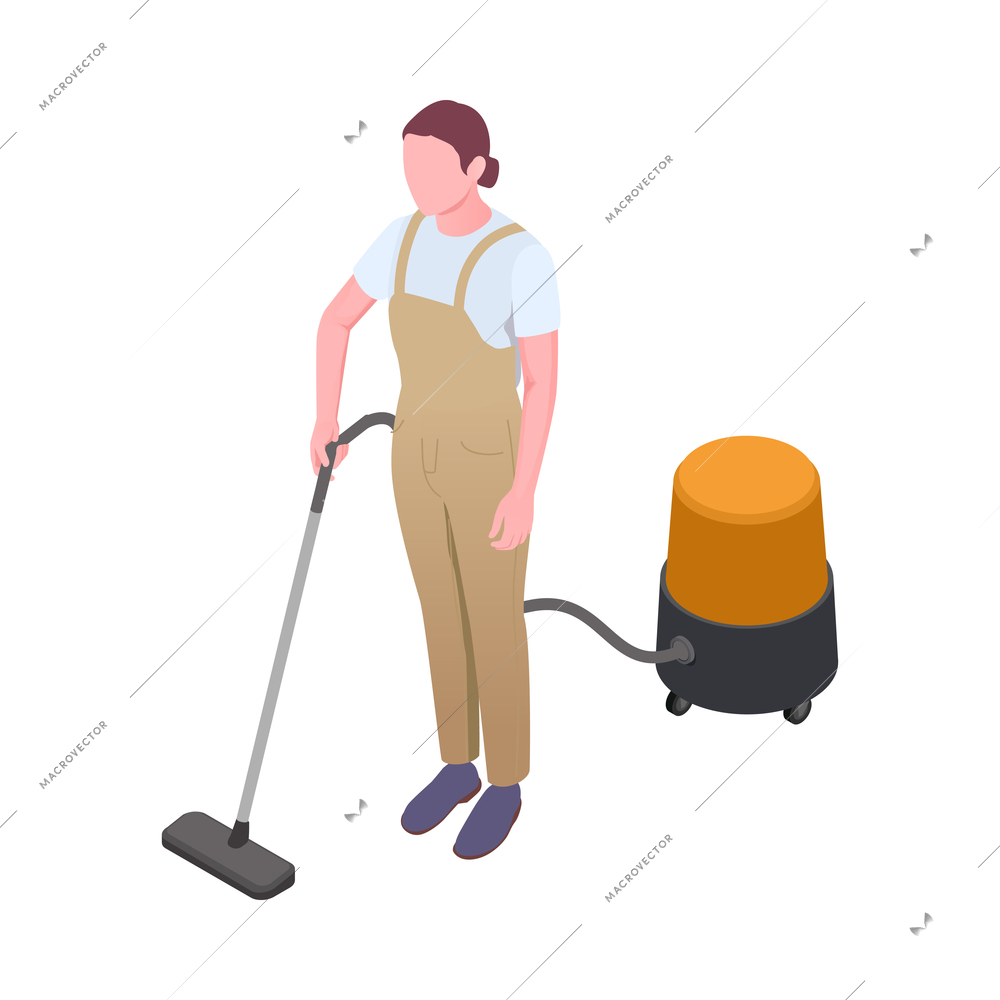 Cleaning isometric composition with isolated human character of cleanup worker in uniform vector illustration