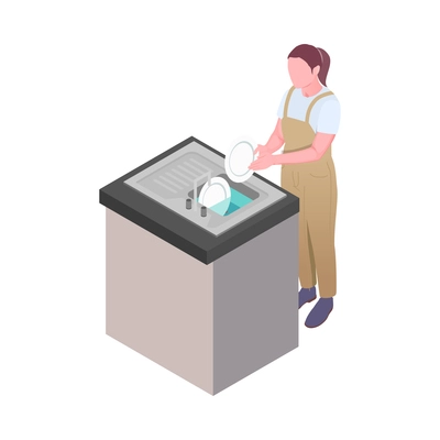 Cleaning isometric composition with isolated human character of cleanup worker in uniform vector illustration