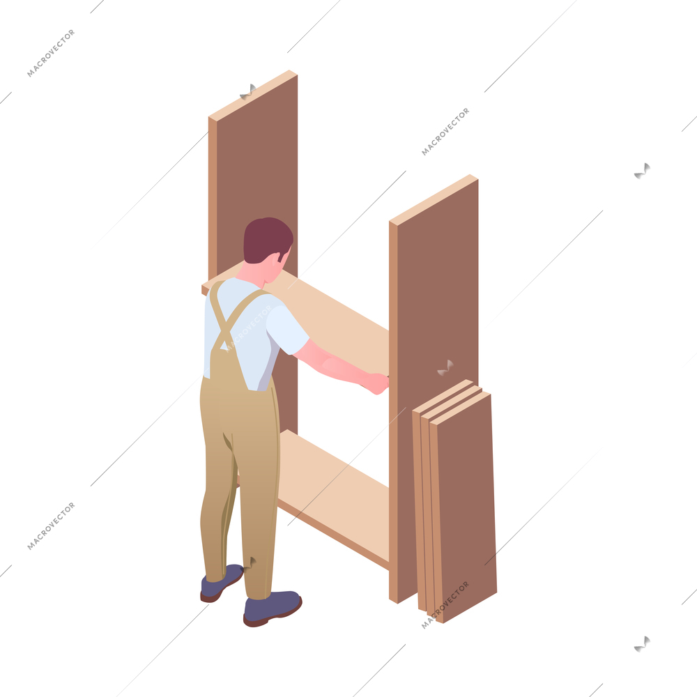 Furniture production isometric composition with character of worker in uniform and woodwork vector illustration