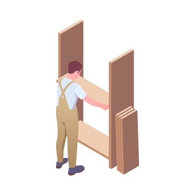 Furniture production isometric composition with character of worker in uniform and woodwork vector illustration