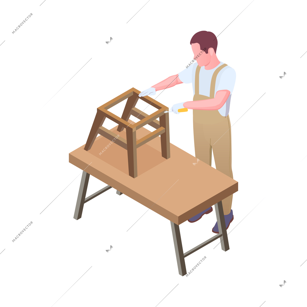 Furniture production isometric composition with character of worker in uniform and woodwork vector illustration