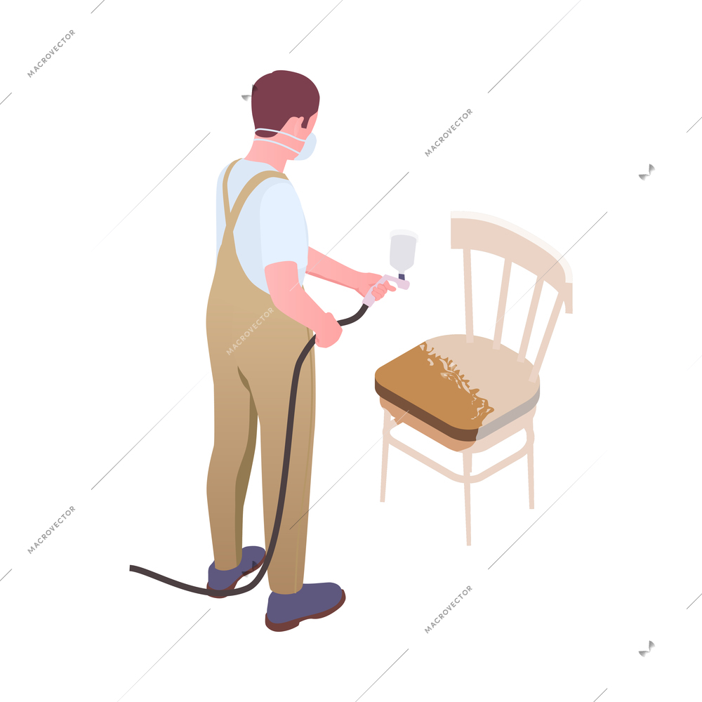 Furniture production isometric composition with character of worker in uniform and woodwork vector illustration