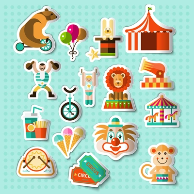 Circus entertainment paper stickers set with tickets lion icecream isolated vector illustration