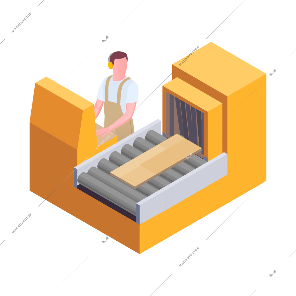 Furniture production isometric composition with character of worker in uniform and woodwork vector illustration