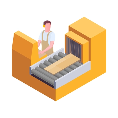 Furniture production isometric composition with character of worker in uniform and woodwork vector illustration