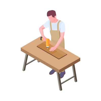 Furniture production isometric composition with character of worker in uniform and woodwork vector illustration