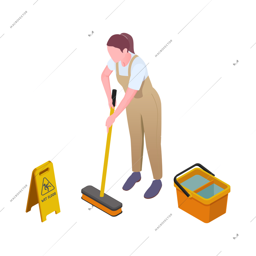 Cleaning isometric composition with isolated human character of cleanup worker in uniform vector illustration