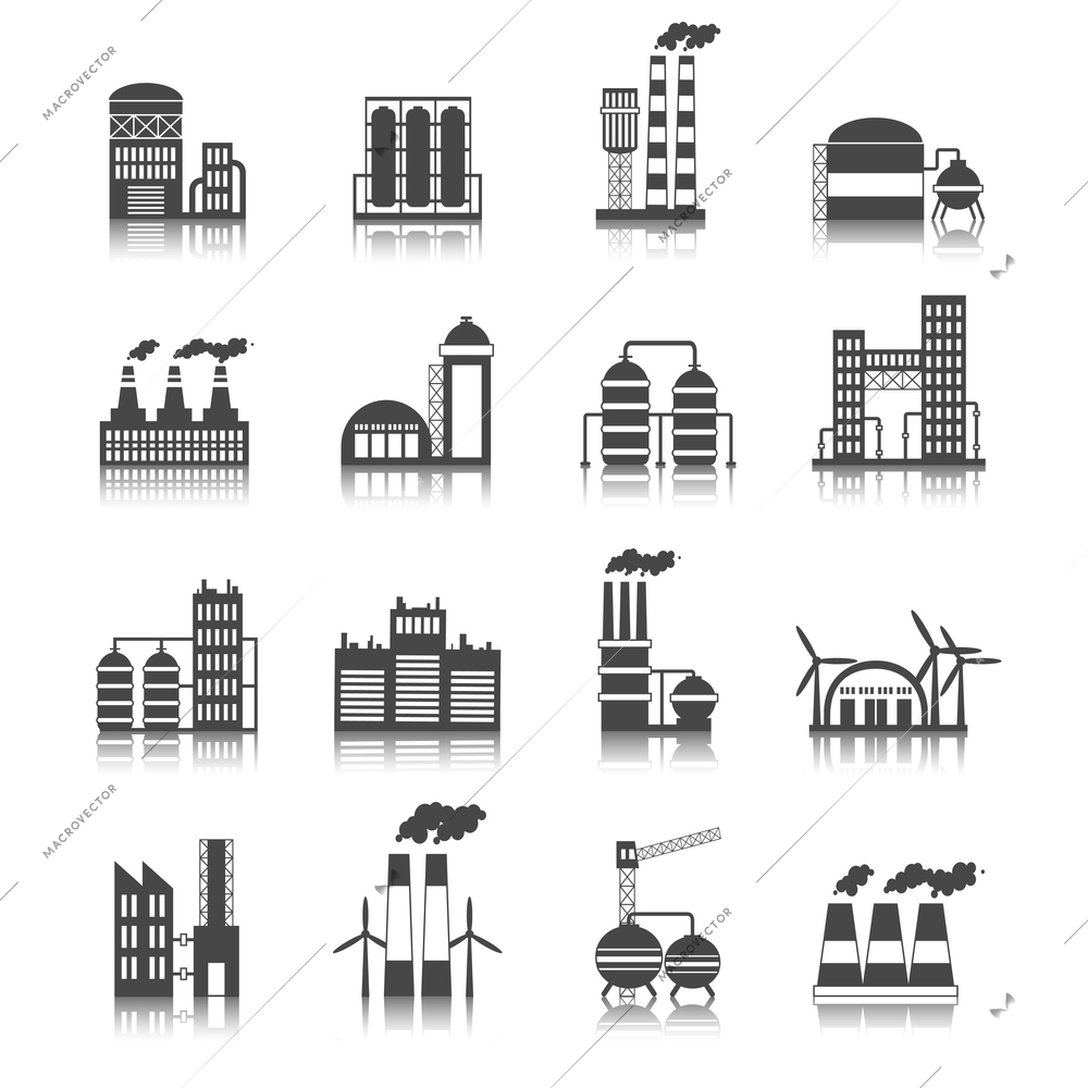 Industrial building factories and plants black and white icons set isolated vector illustration