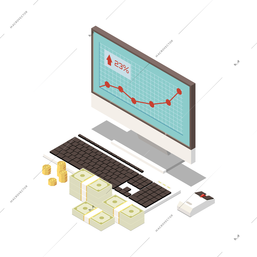 Investment online trading isometric composition with isolated financial concept on blank background vector illustration