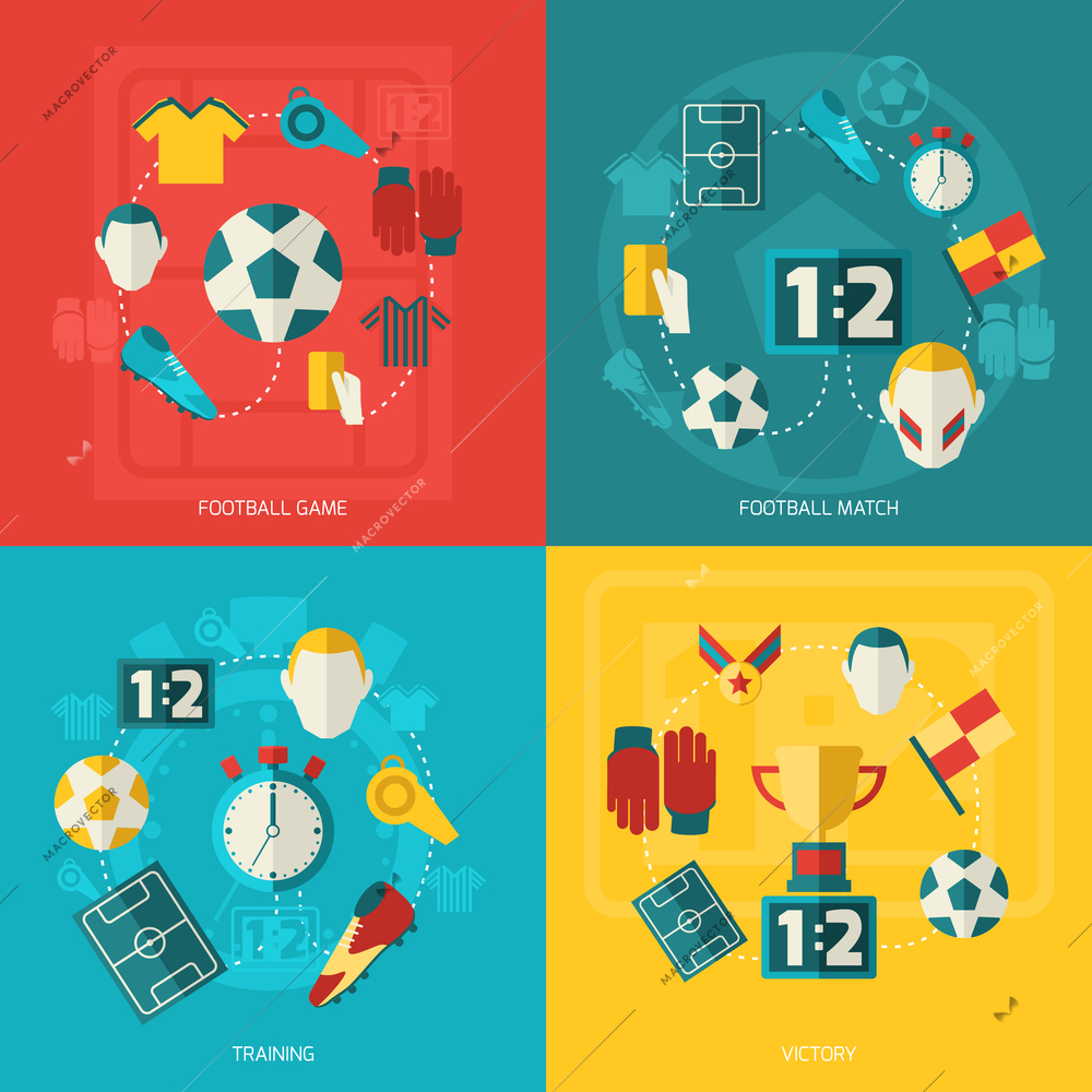 Soccer icons flat set with football game match training victory isolated vector illustration.