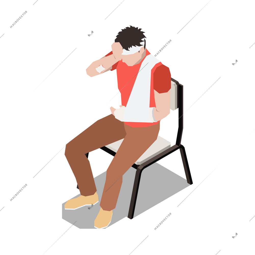 Injured people first aid isometric composition with isolated human character of injured person vector illustration