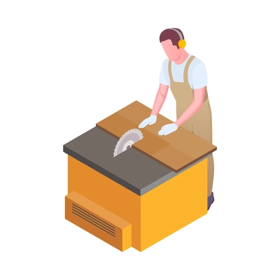 Furniture production isometric composition with character of worker in uniform and woodwork vector illustration