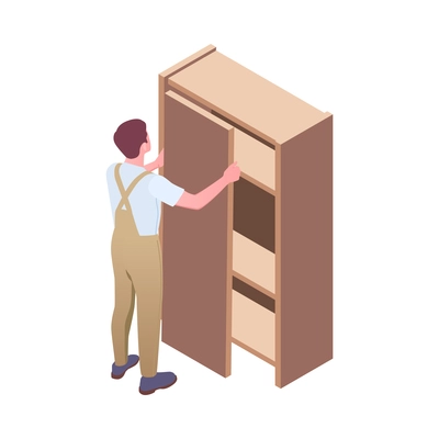 Furniture production isometric composition with character of worker in uniform and woodwork vector illustration