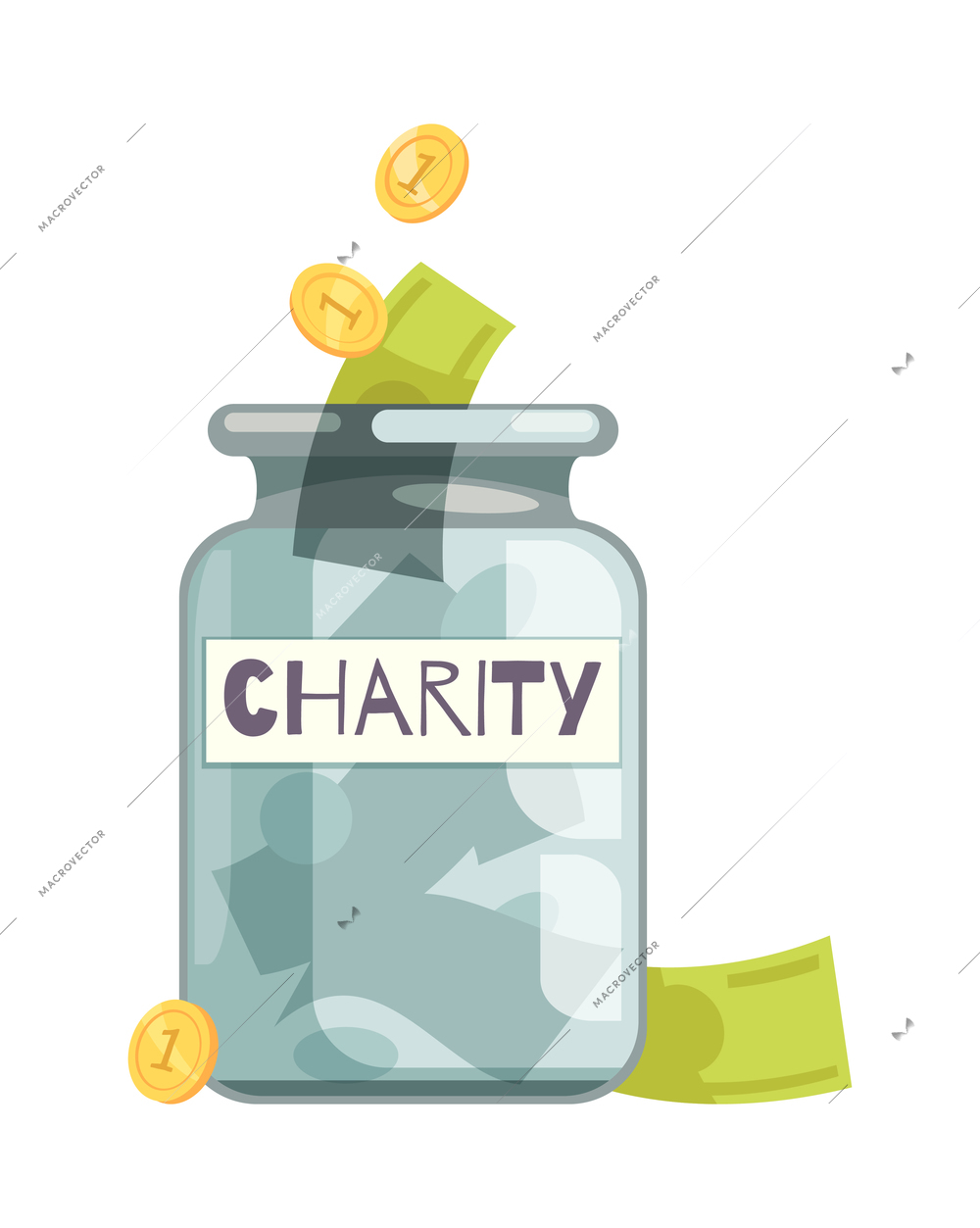 Charity composition with isolated concept images of money and goods donation on blank background vector illustration
