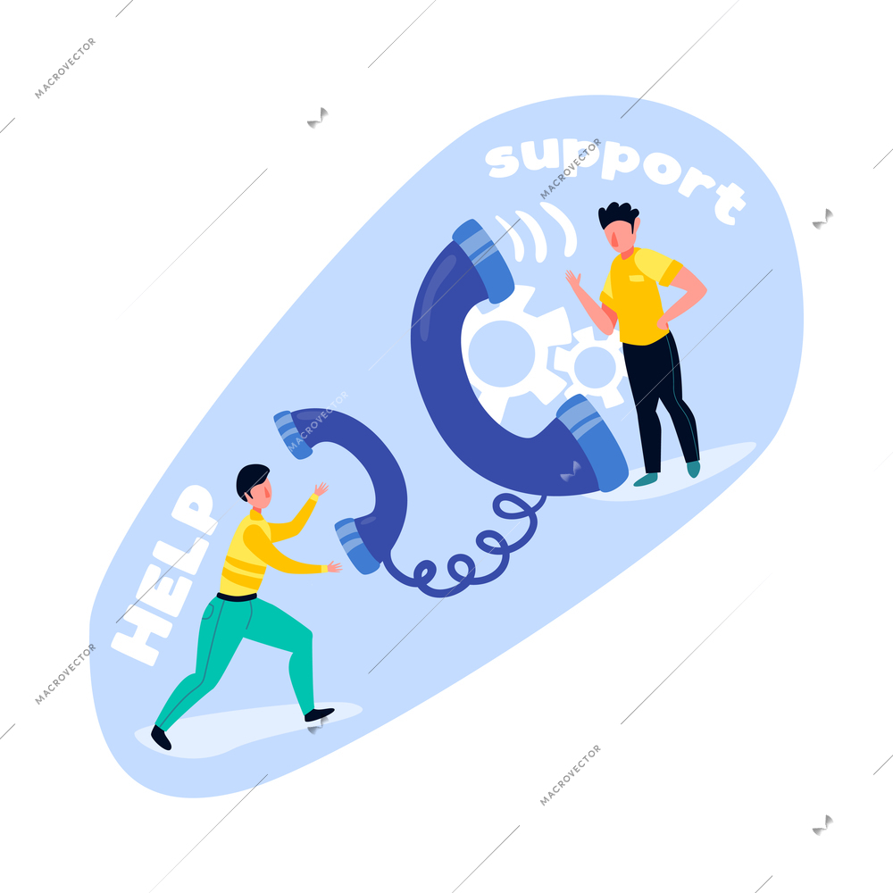 Support call centre composition with doodle human characters gadgets icons and gear pictograms vector illustration