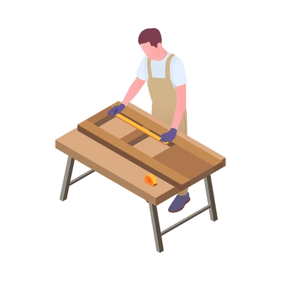 Furniture production isometric composition with character of worker in uniform and woodwork vector illustration