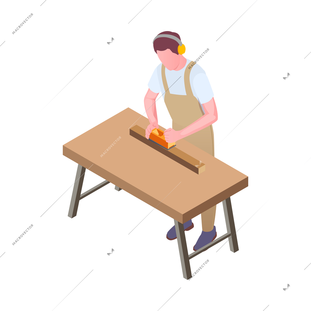 Furniture production isometric composition with character of worker in uniform and woodwork vector illustration
