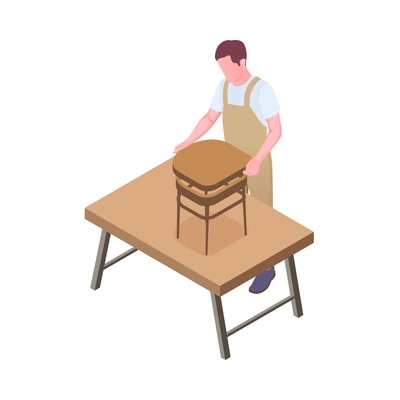 Furniture production isometric composition with character of worker in uniform and woodwork vector illustration