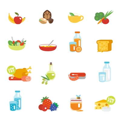 Healthy eating flat icons set with fruits nuts tea vegetables isolated vector illustration