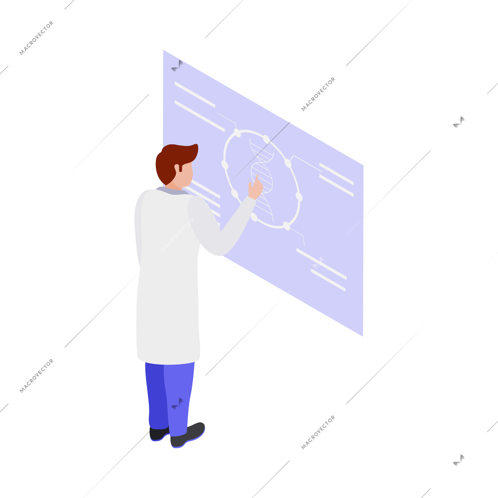 Gmo bio engineering isometric composition with human character of scientist in lab environment vector illustration