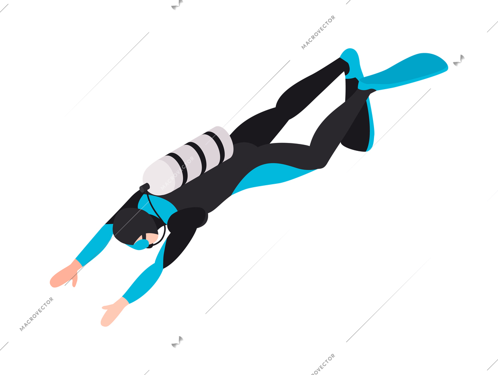 Isometric underwater scuba diver composition with isolated human character of diver in suit vector illustration