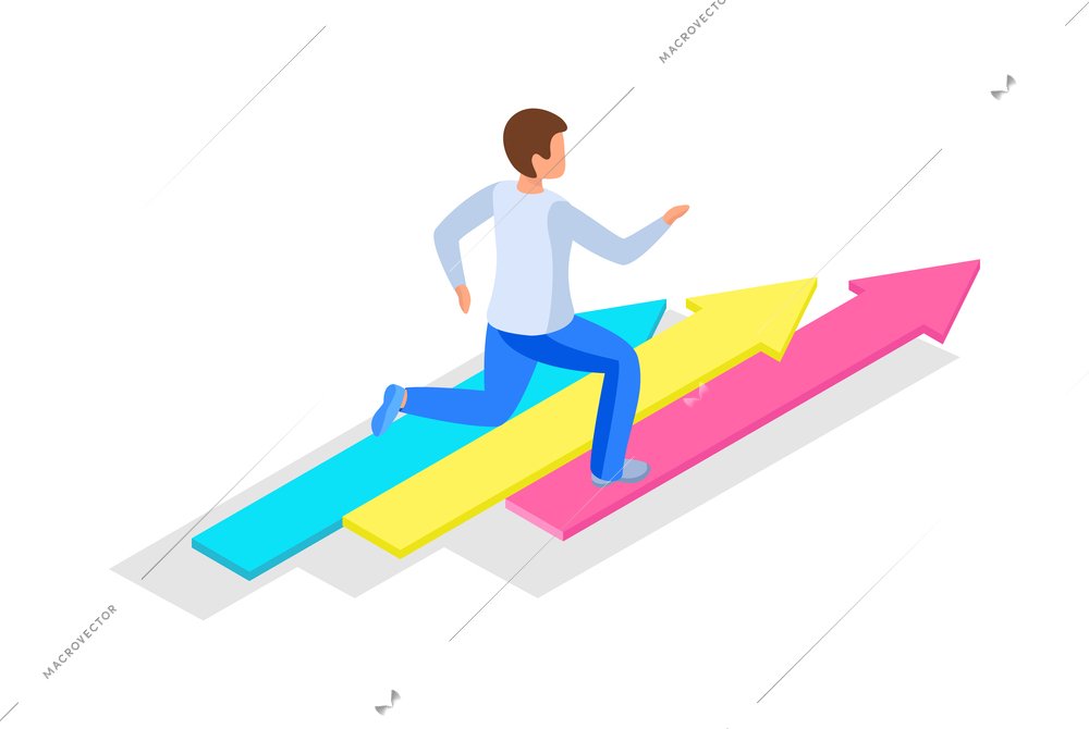 Run to goal isometric composition isolated concept icons and human character of business worker vector illustration