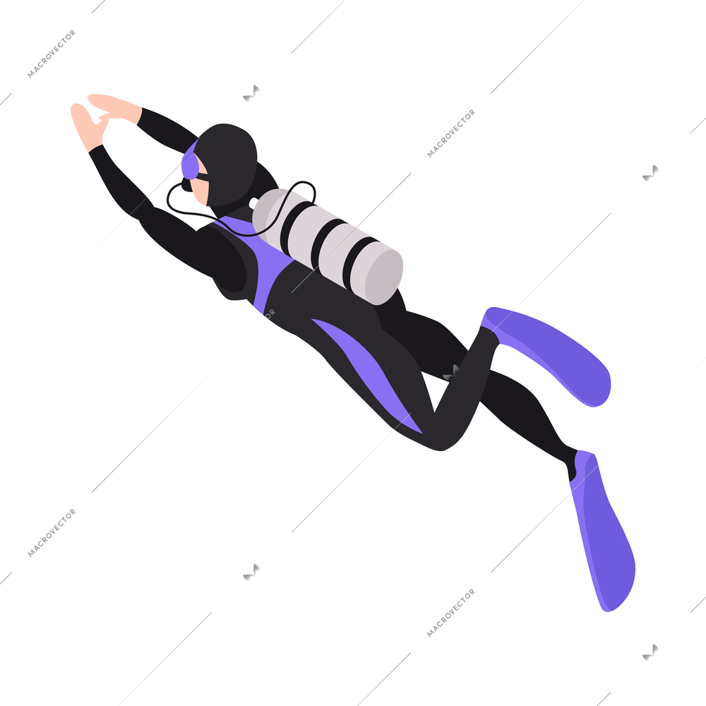 Isometric underwater scuba diver composition with isolated human character of diver in suit vector illustration