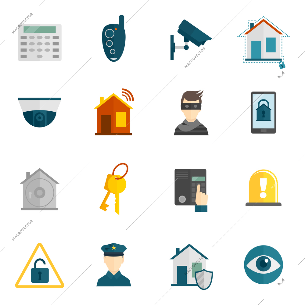 Home security icons flat set with police surveillance camera safety system isolated vector illustration