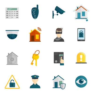 Home security icons flat set with police surveillance camera safety system isolated vector illustration