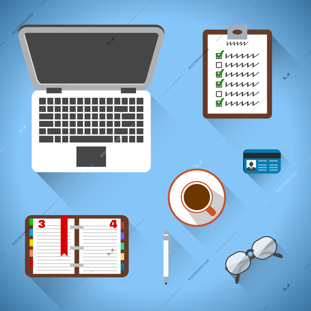 Top view on business workplace with notebook coffee glasses and documents vector illustration