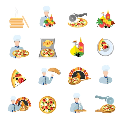 Fast food pizza maker perfect service fresh ingredients flat icons set isolated vector illustration