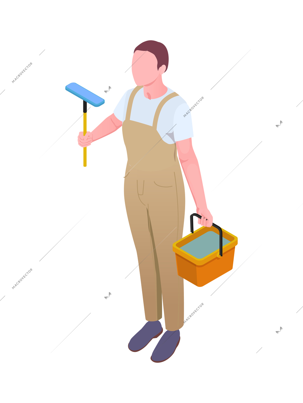 Cleaning isometric composition with isolated human character of cleanup worker in uniform vector illustration