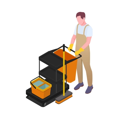 Cleaning isometric composition with isolated human character of cleanup worker in uniform vector illustration